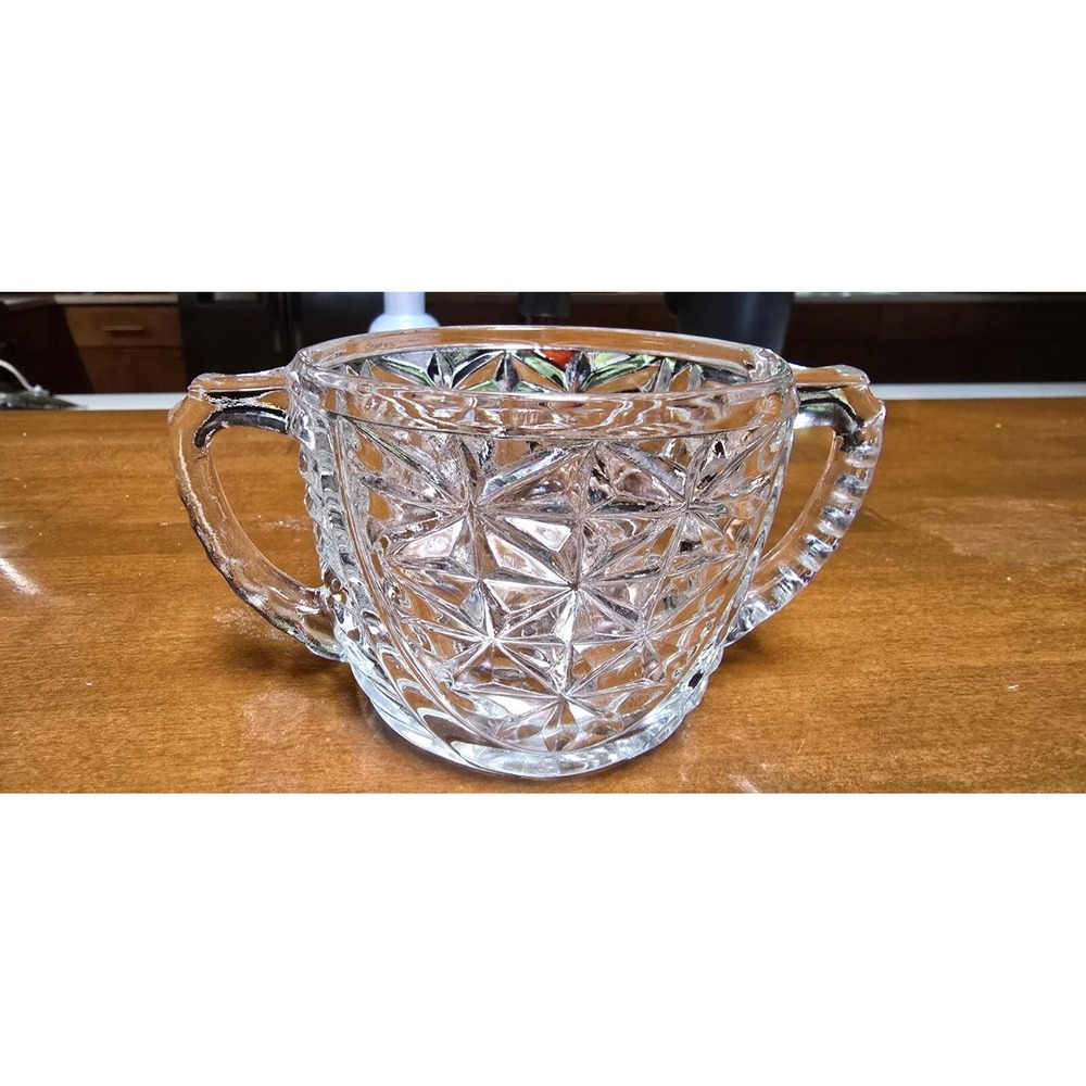Vintage Anchor Hocking "Stars and Bars" pattern depression glass open sugar bowl